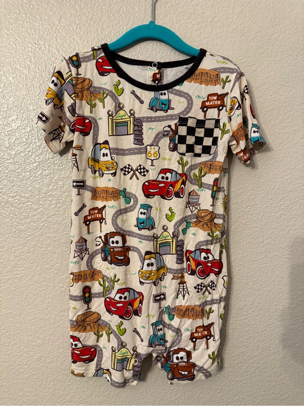 Little Sleepies White Romper with Red, Yellow, Blue and Brown Cars Print